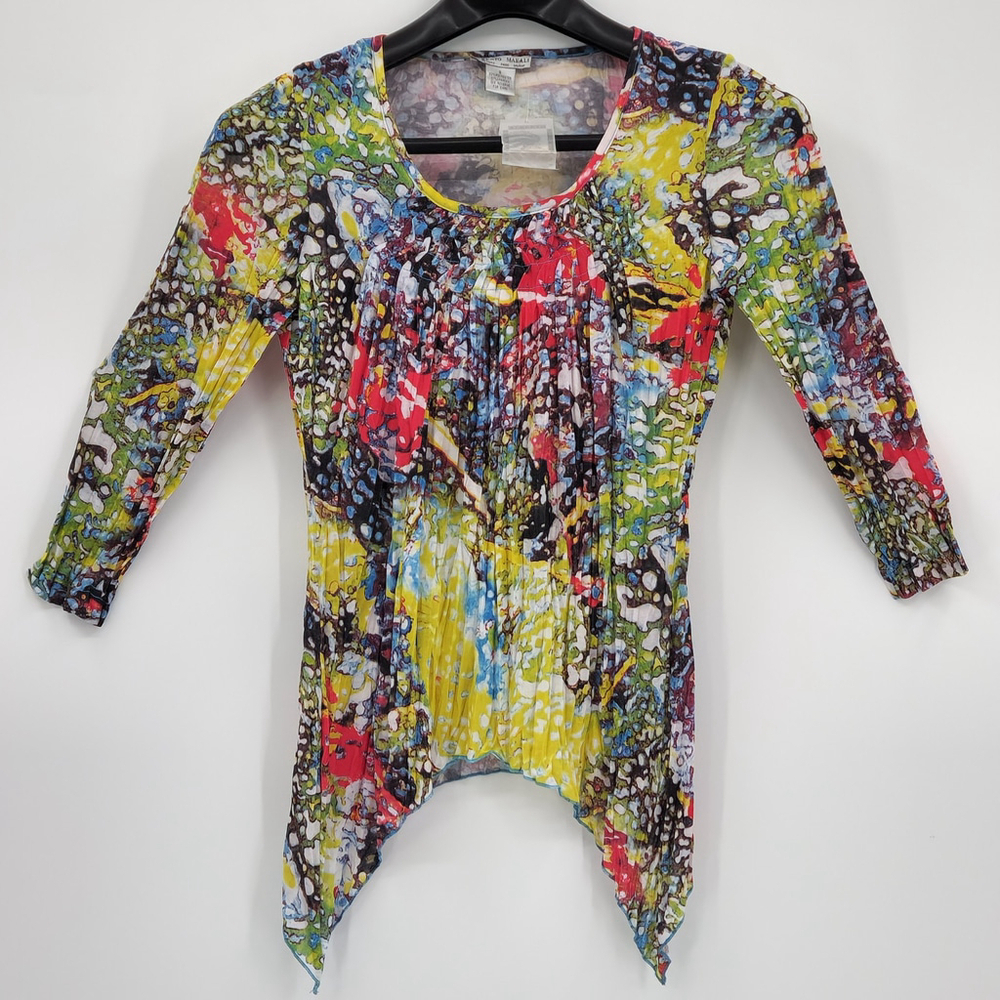 Chiffon Blouse 3/4 Sleeves Asymmetrical Hem Small Abstract Boho Colorful
